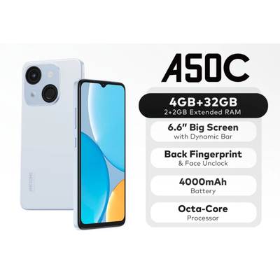 itel A50C smartphone front view with 6.6 inch HD+ display